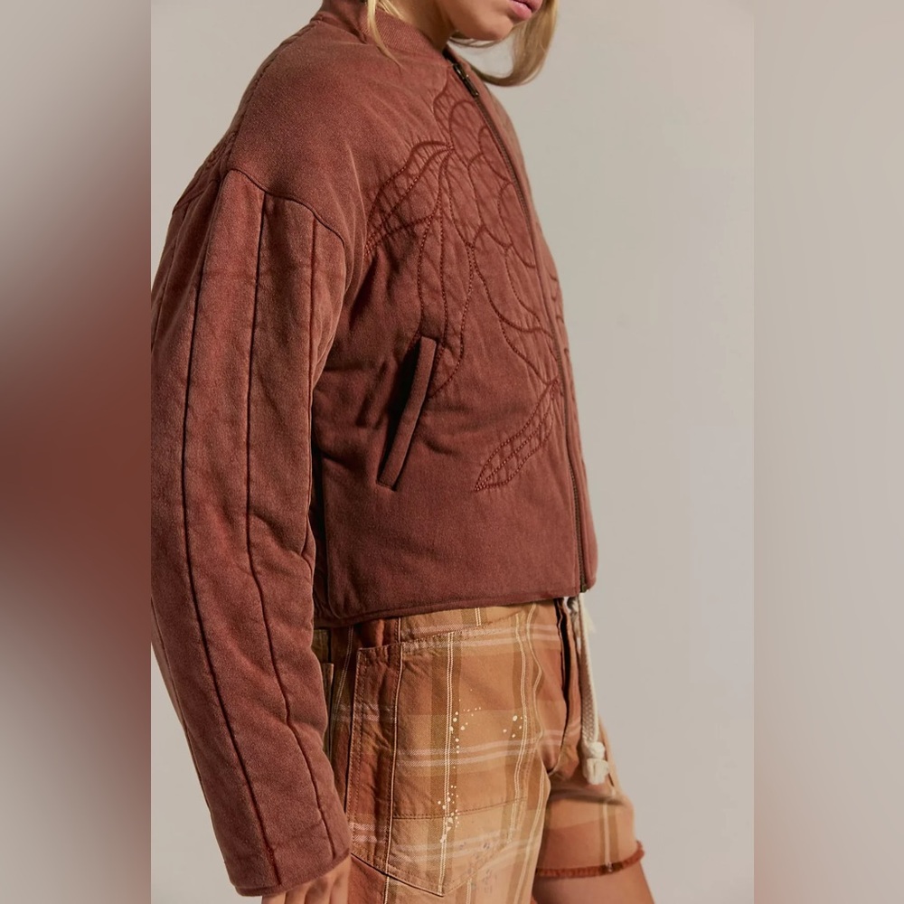 $385 FREE PEOPLE Rose Brown Quilted Sweatshirt Cinammon Bomber Jacket S - Picture 5 of 11